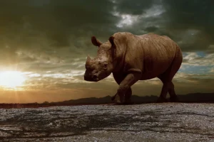 Outlet Afrikaanse neushoorn op een vuil veld fotobehang Tienerkamer | Dieren