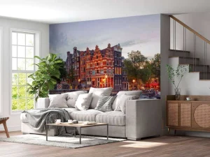 Online Amsterdamse grachtenpanden met boten op de voorgrond fotobehang Steden | Architectuur