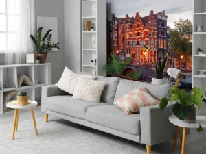 Online Amsterdamse grachtenpanden met boten op de voorgrond fotobehang Steden | Architectuur