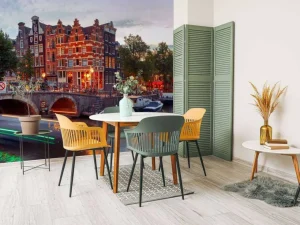 Online Amsterdamse grachtenpanden met boten op de voorgrond fotobehang Steden | Architectuur