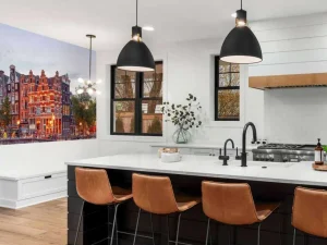 Online Amsterdamse grachtenpanden met boten op de voorgrond fotobehang Steden | Architectuur