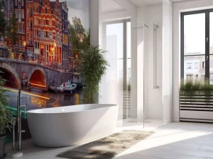 Online Amsterdamse grachtenpanden met boten op de voorgrond fotobehang Steden | Architectuur