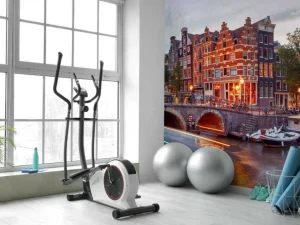 Online Amsterdamse grachtenpanden met boten op de voorgrond fotobehang Steden | Architectuur