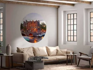 Online Amsterdamse grachtenpanden met boten op de voorgrond fotobehang Steden | Architectuur