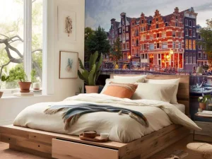 Online Amsterdamse grachtenpanden met boten op de voorgrond fotobehang Steden | Architectuur