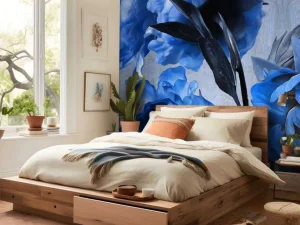 Sale Aquarel van blauwe bloemen fotobehang Tienerkamer