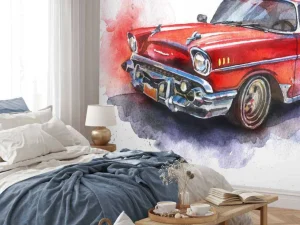 Fashion Aquarel van een rode ouderwetse auto fotobehang Kinderkamer | Transport