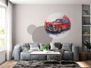 Fashion Aquarel van een rode ouderwetse auto fotobehang Kinderkamer | Transport