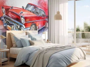Fashion Aquarel van een rode ouderwetse auto fotobehang Kinderkamer | Transport