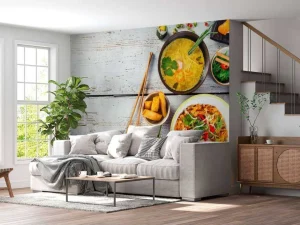Clearance Aziatische gerechten op een houten tafel fotobehang Keuken