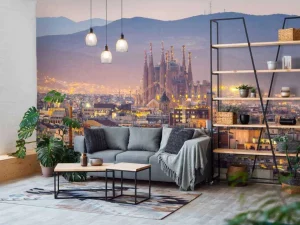 Hot Barcelona met de Sagrada Familia in de avond fotobehang Architectuur