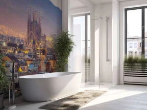 Hot Barcelona met de Sagrada Familia in de avond fotobehang Architectuur