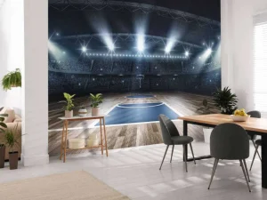 Online Basketbal arena met een houten vloer fotobehang Kinderkamer | Sport