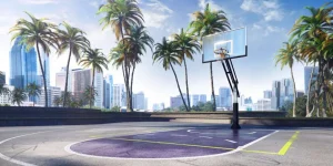 Fashion Basketbalveld in een moderne stad fotobehang Tienerkamer | Sport