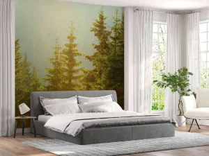 Online Berglandschap in de ochtend met hoge bomen fotobehang Bloemen