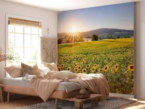 Clearance Berglandschap met zonnebloemen fotobehang Bloemen