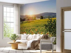 Clearance Berglandschap met zonnebloemen fotobehang Bloemen