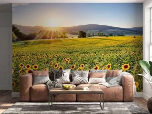 Clearance Berglandschap met zonnebloemen fotobehang Bloemen