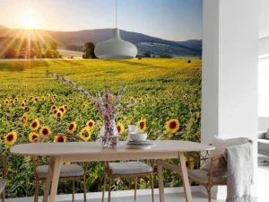 Clearance Berglandschap met zonnebloemen fotobehang Bloemen