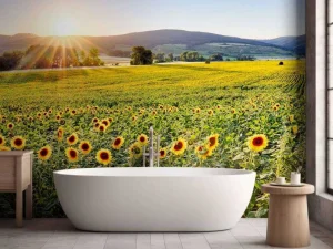 Clearance Berglandschap met zonnebloemen fotobehang Bloemen