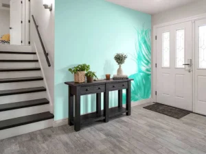 Discount Blauwe achtergrond met exotische bladeren fotobehang Tienerkamer | Bloemen
