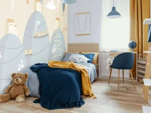 Outlet Blauwe droomstad fotobehang Babykamer
