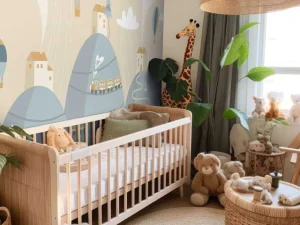 Outlet Blauwe droomstad fotobehang Babykamer