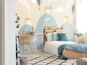 Outlet Blauwe droomstad fotobehang Babykamer