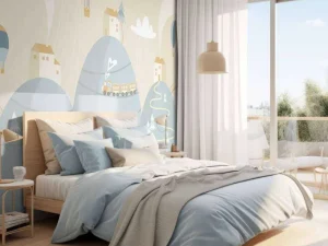 Outlet Blauwe droomstad fotobehang Babykamer