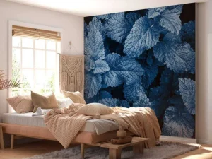 Hot Blauwe exotische bladeren fotobehang Woonkamer | Bloemen