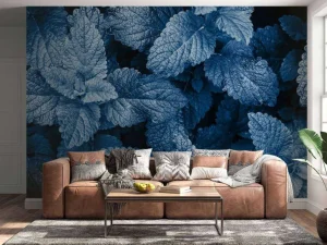 Hot Blauwe exotische bladeren fotobehang Woonkamer | Bloemen