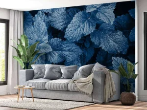 Hot Blauwe exotische bladeren fotobehang Woonkamer | Bloemen