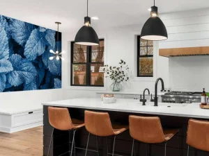 Hot Blauwe exotische bladeren fotobehang Woonkamer | Bloemen
