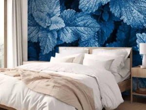 Hot Blauwe exotische bladeren fotobehang Woonkamer | Bloemen