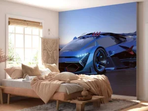 Clearance Blauwe hypercar in 3D fotobehang Kinderkamer | Transport