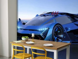 Clearance Blauwe hypercar in 3D fotobehang Kinderkamer | Transport