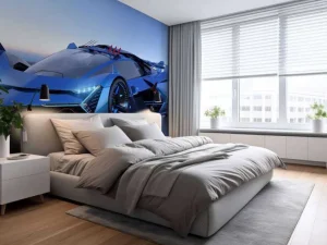Clearance Blauwe hypercar in 3D fotobehang Kinderkamer | Transport