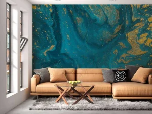 New Blauwe verf met gouden glitter poeder fotobehang Kunst & Design