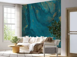 New Blauwe verf met gouden glitter poeder fotobehang Kunst & Design