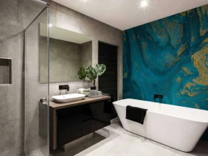 New Blauwe verf met gouden glitter poeder fotobehang Kunst & Design