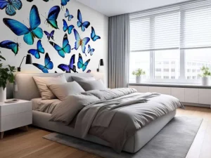 Online Blauw-paarse vlinders met een witte achtergrond fotobehang Dieren