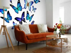 Online Blauw-paarse vlinders met een witte achtergrond fotobehang Dieren