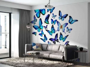 Online Blauw-paarse vlinders met een witte achtergrond fotobehang Dieren