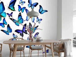Online Blauw-paarse vlinders met een witte achtergrond fotobehang Dieren