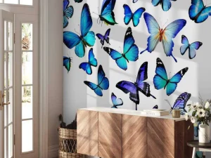 Online Blauw-paarse vlinders met een witte achtergrond fotobehang Dieren