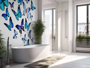 Online Blauw-paarse vlinders met een witte achtergrond fotobehang Dieren