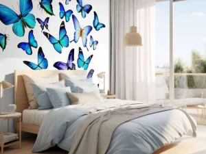 Online Blauw-paarse vlinders met een witte achtergrond fotobehang Dieren