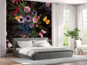 Sale Bloemen design met een zwarte achtergrond fotobehang Bloemen