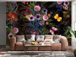 Sale Bloemen design met een zwarte achtergrond fotobehang Bloemen