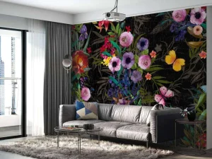 Sale Bloemen design met een zwarte achtergrond fotobehang Bloemen